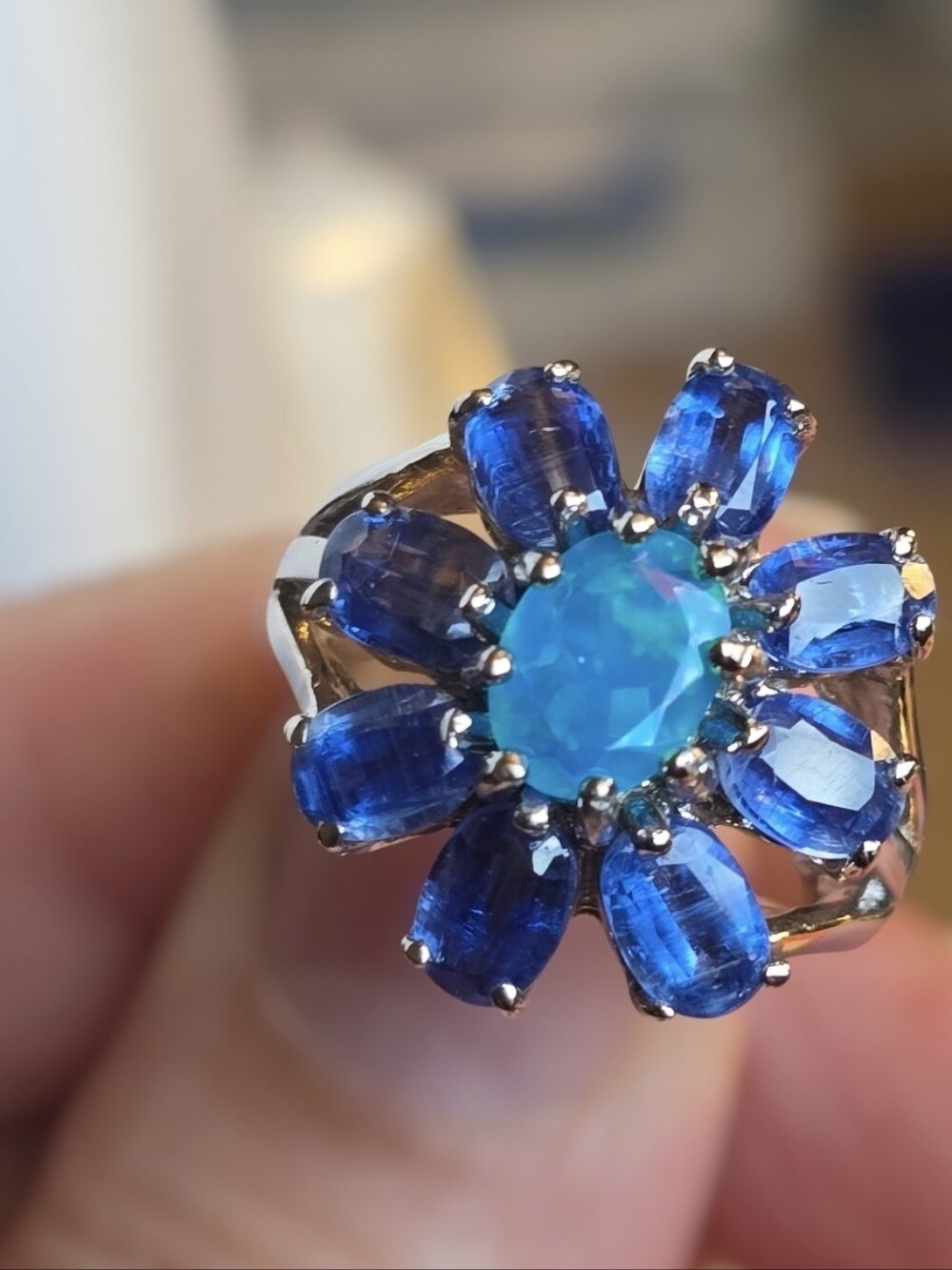 925 Sterling Silver Ring SZ 6.5 with Natural Blue Opal & Kyanite Gems